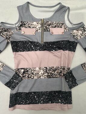 Pink, Gray & Black Striped Cold-Shoulder Knit Top